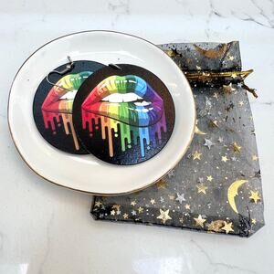Punk rock earrings - biting lip dripping rainbow paint